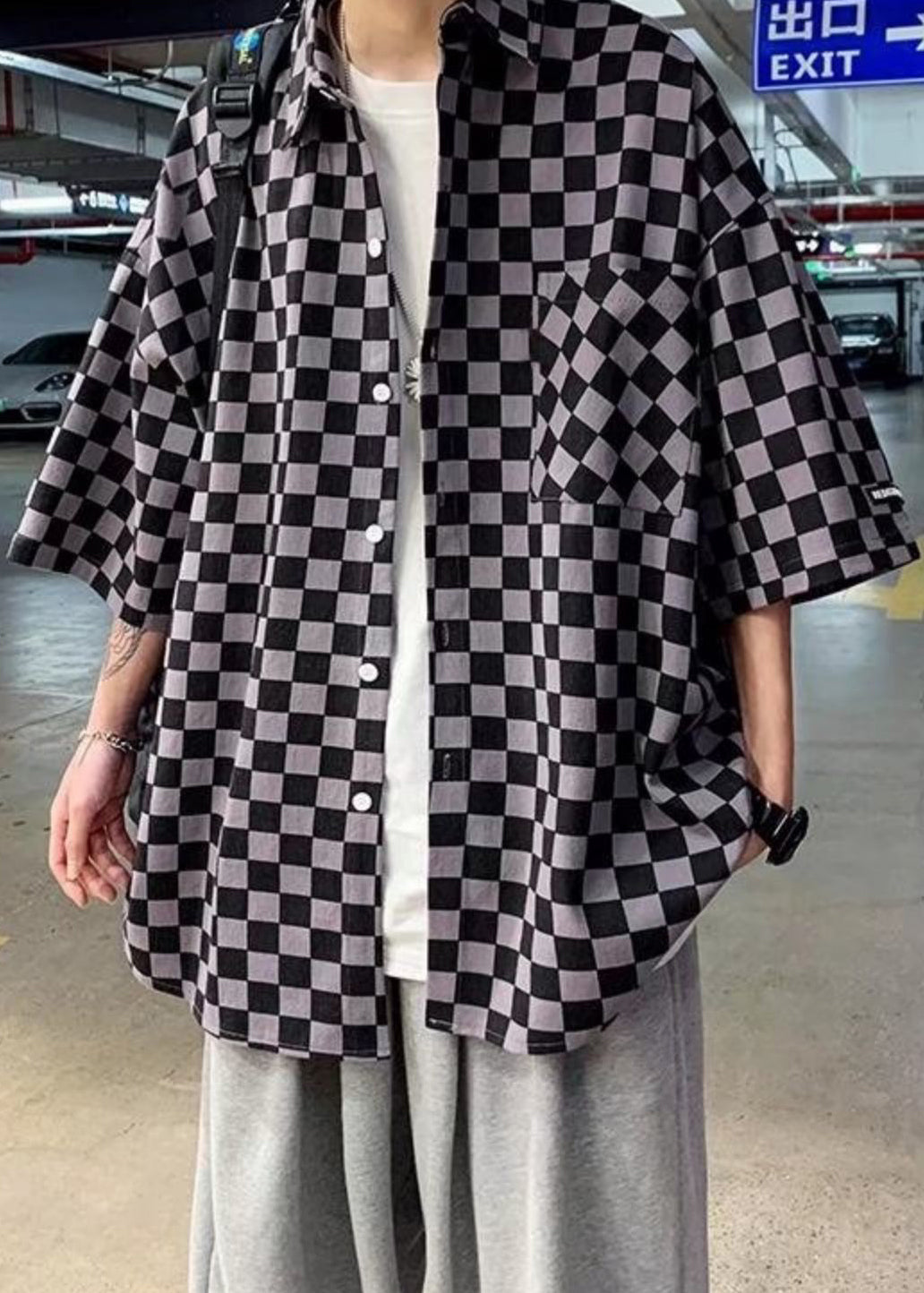 Peter Button Shirts Sleeve Men Collar Half Cotton Pan Plaid Black