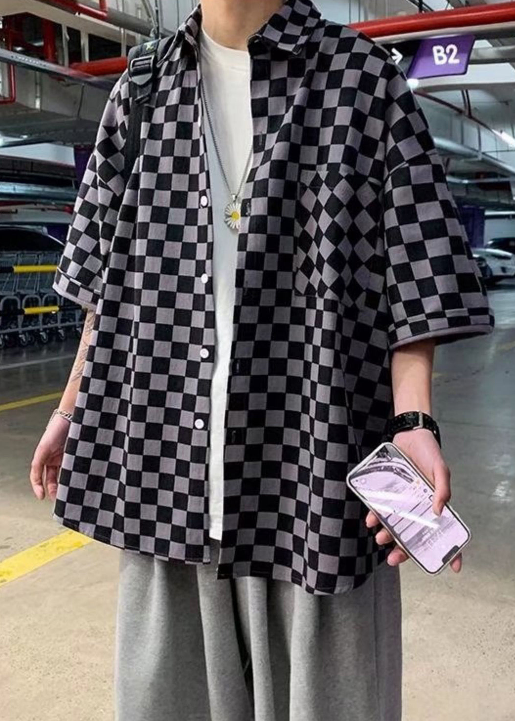 Peter Button Shirts Sleeve Men Collar Half Cotton Pan Plaid Black