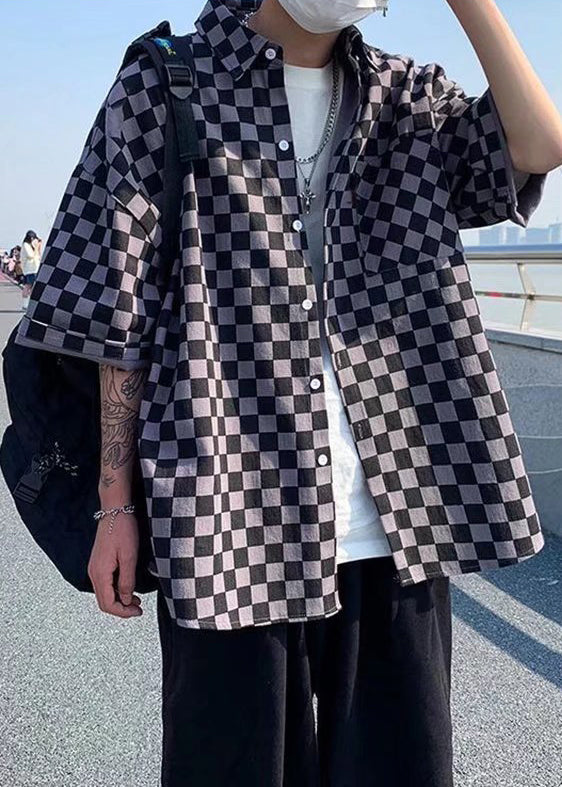 Peter Button Shirts Sleeve Men Collar Half Cotton Pan Plaid Black