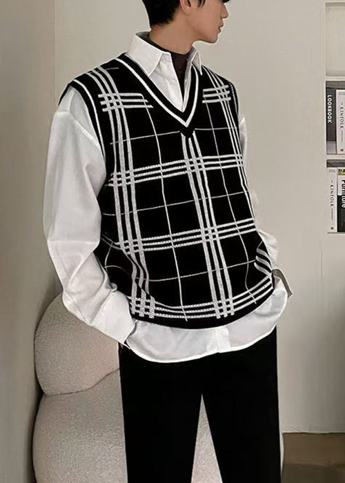 Black Plaid Loose Knit Men Waistcoat V Neck Sleeveless RJ033