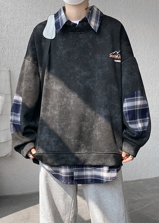Plaid Patchwork Fleece Pan Peter Black Warm Sweatshirt Collar Men
