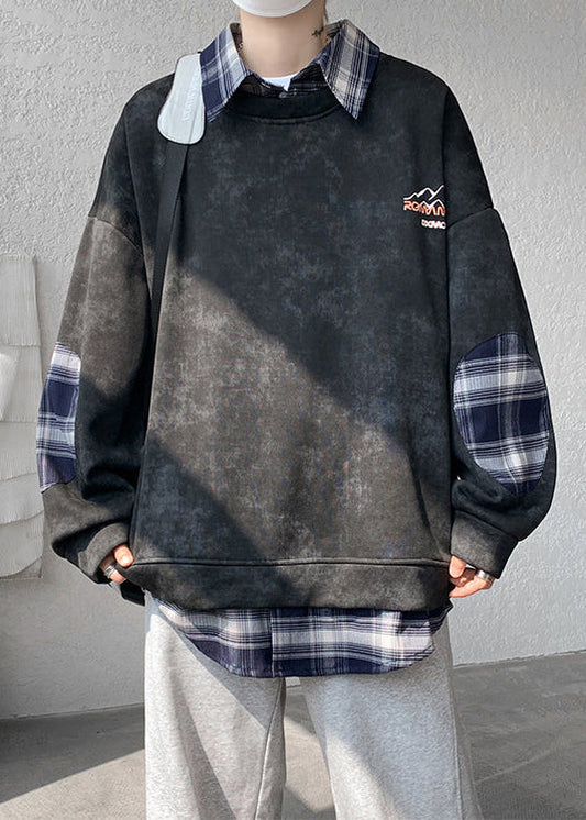 Plaid Patchwork Fleece Pan Peter Black Warm Sweatshirt Collar Men