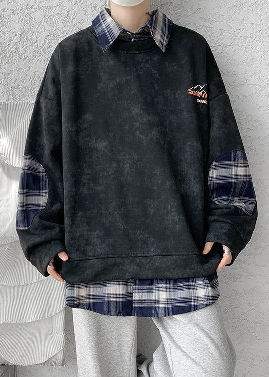 Plaid Patchwork Fleece Pan Peter Black Warm Sweatshirt Collar Men