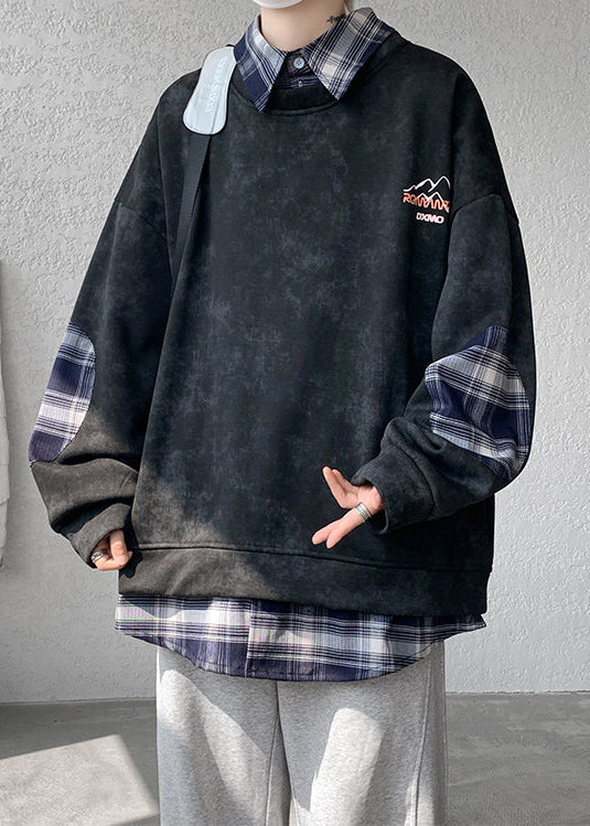Plaid Patchwork Fleece Pan Peter Black Warm Sweatshirt Collar Men