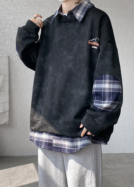 Plaid Patchwork Fleece Pan Peter Black Warm Sweatshirt Collar Men