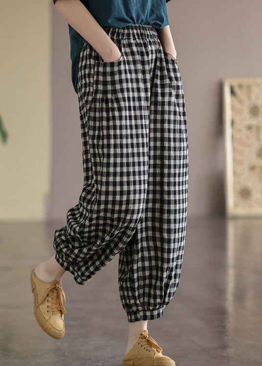 Black Plaid Pockets Plus Size Linen High Waist Crop Pants Summer FF021