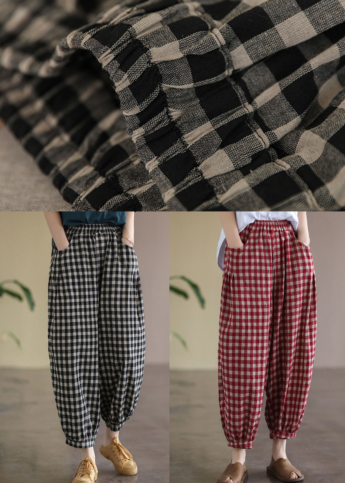 Black Plaid Pockets Plus Size Linen High Waist Crop Pants Summer FF021