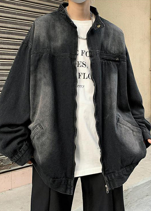 Collar Fall Black Coats Denim Mens Stand Pockets