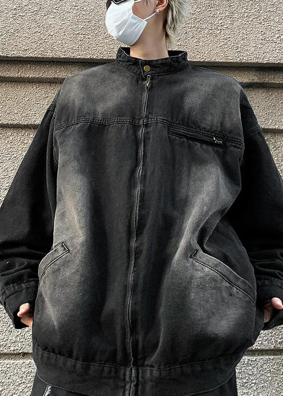 Collar Fall Black Coats Denim Mens Stand Pockets