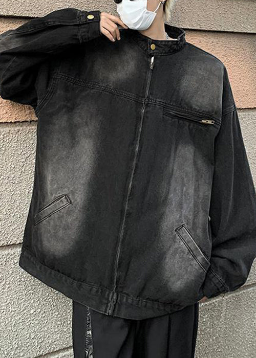 Collar Fall Black Coats Denim Mens Stand Pockets