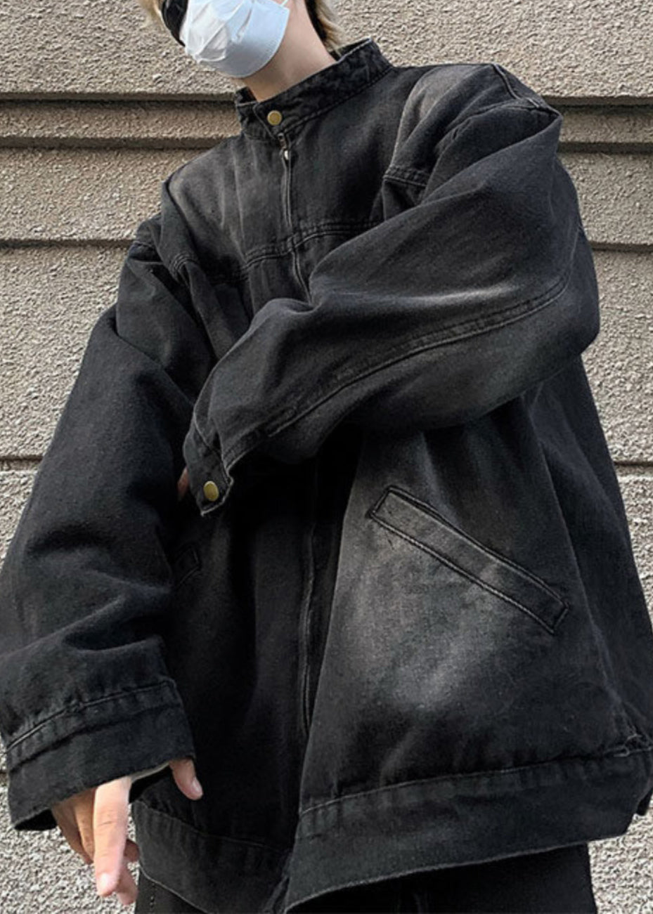 Collar Fall Black Coats Denim Mens Stand Pockets