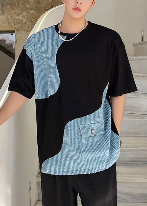 T Summer Pockets Patchwork Denim Black O Shirt Neck Men