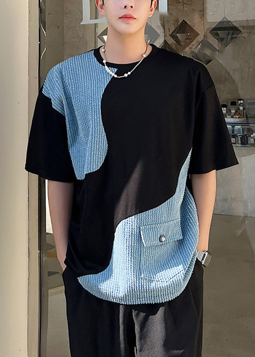 T Summer Pockets Patchwork Denim Black O Shirt Neck Men