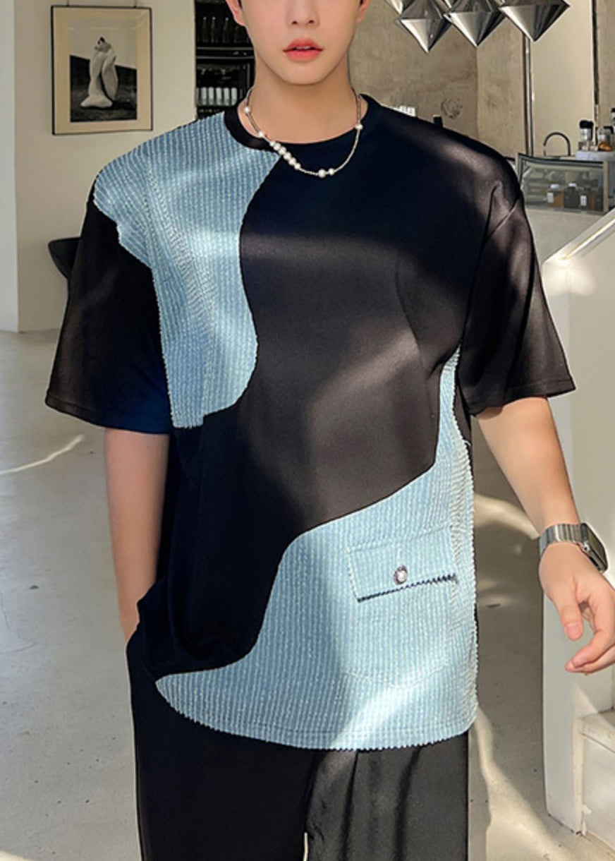 T Summer Pockets Patchwork Denim Black O Shirt Neck Men