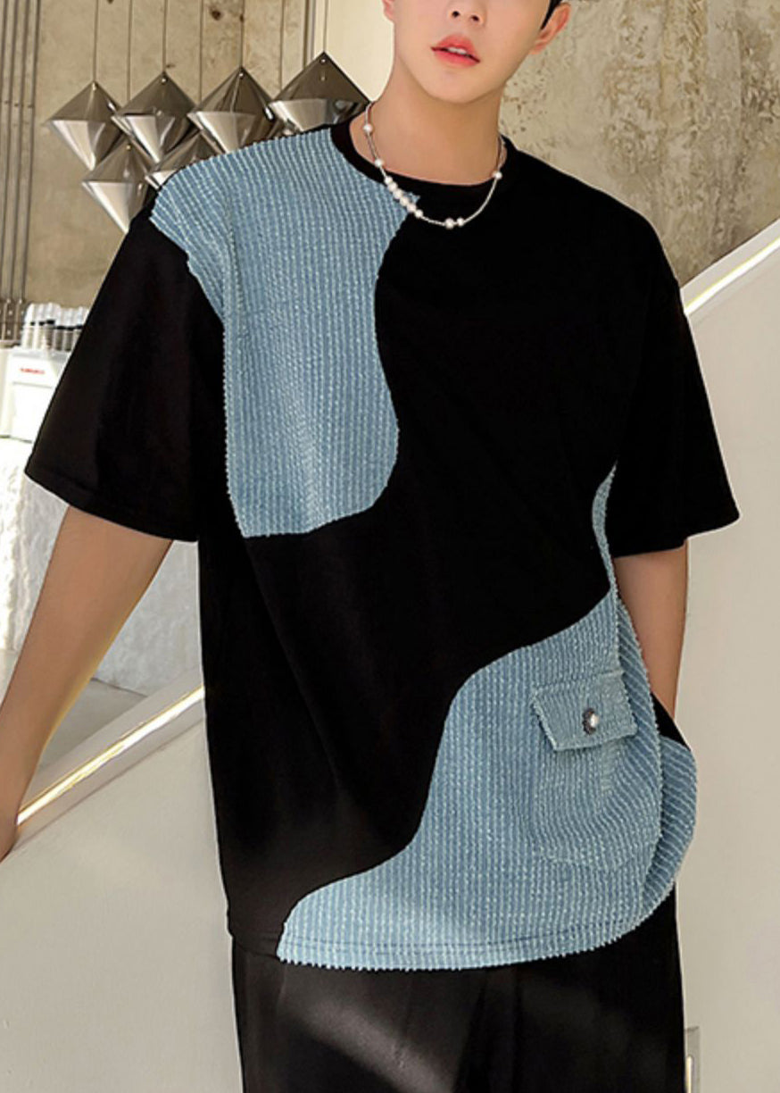 T Summer Pockets Patchwork Denim Black O Shirt Neck Men