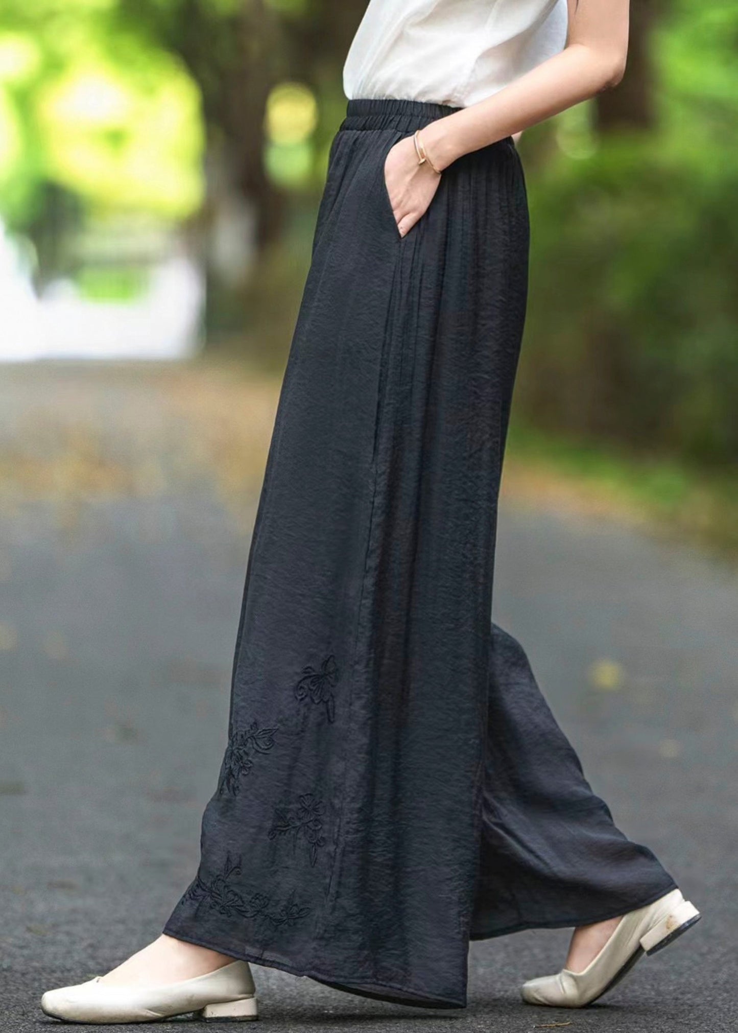 Pants Waist Summer Pockets Silk Embroidered Black Elastic
