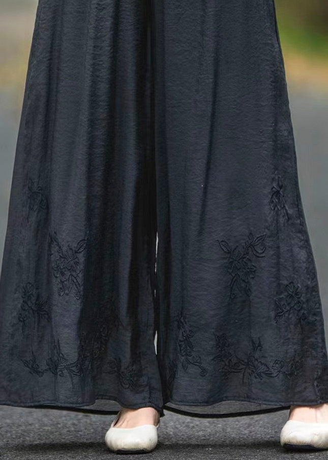 Pants Waist Summer Pockets Silk Embroidered Black Elastic