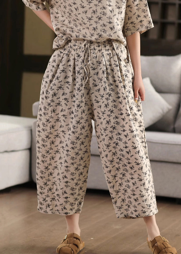 Black Crop Waist Summer Pockets Pants Linen Elastic