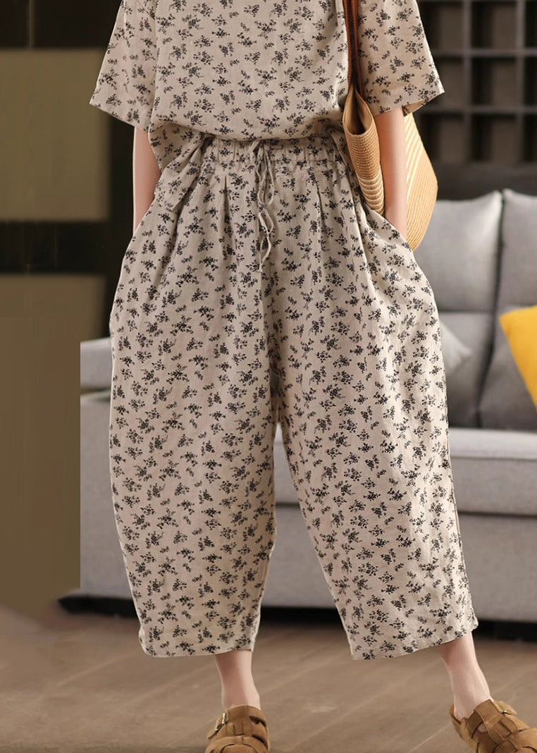 Black Crop Waist Summer Pockets Pants Linen Elastic