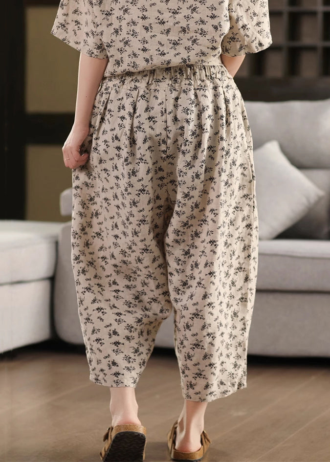 Black Crop Waist Summer Pockets Pants Linen Elastic