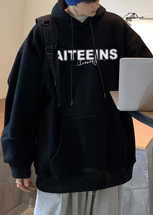 Black Pockets Loose Warm Fleece Spring Men Sweatshirt Hooded YQ024