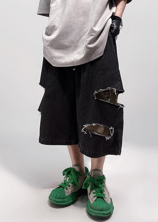 Summer Black Men Elastic Pockets Oversized Shorts Waist Denim