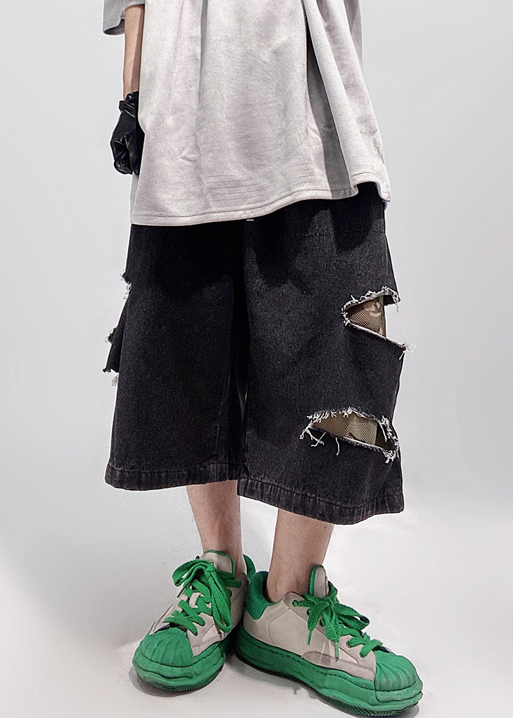 Summer Black Men Elastic Pockets Oversized Shorts Waist Denim