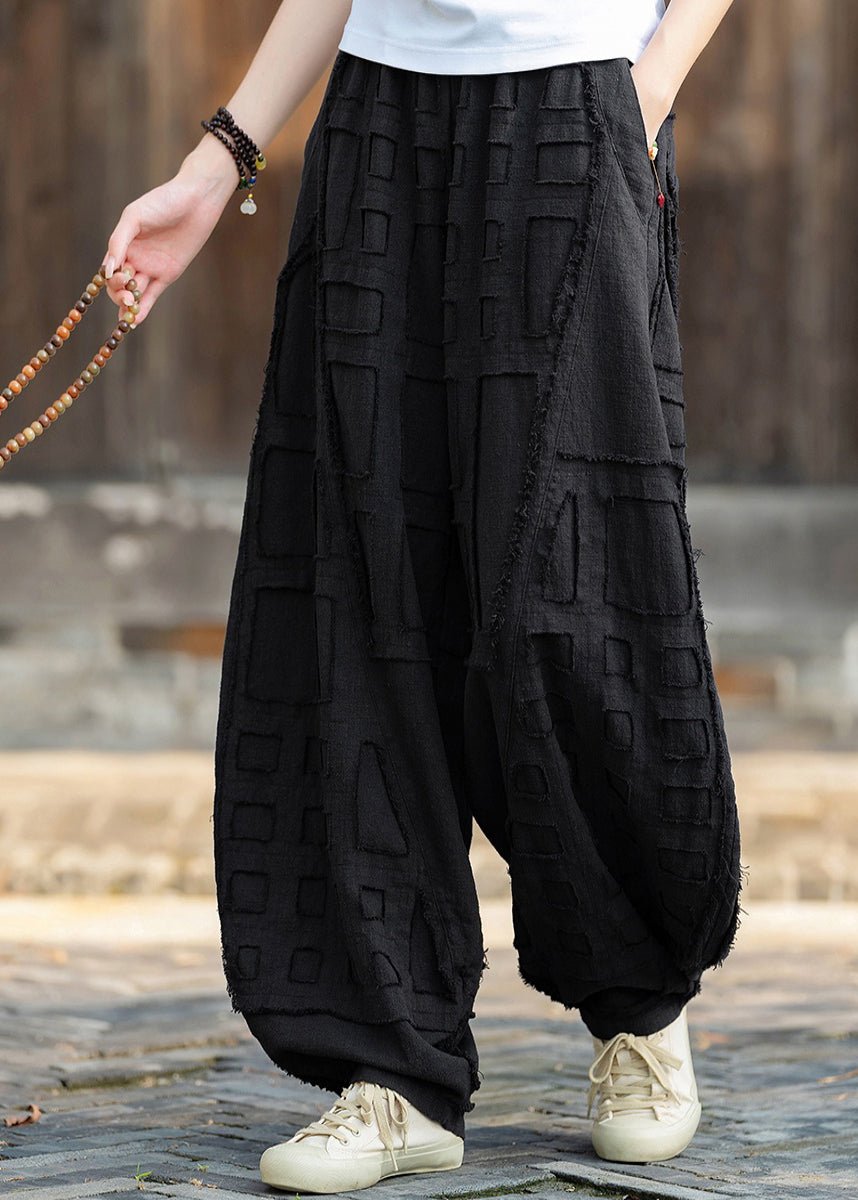 Black Pockets Patchwork Linen Lantern Pants Elastic Waist Fall RU012