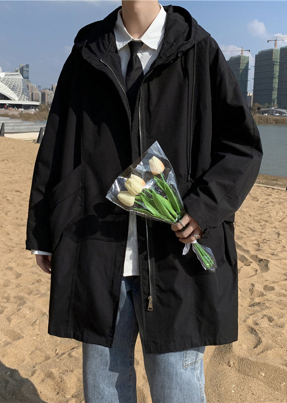 Black Pockets Solid Cotton Men Coat Hooded Spring YQ016