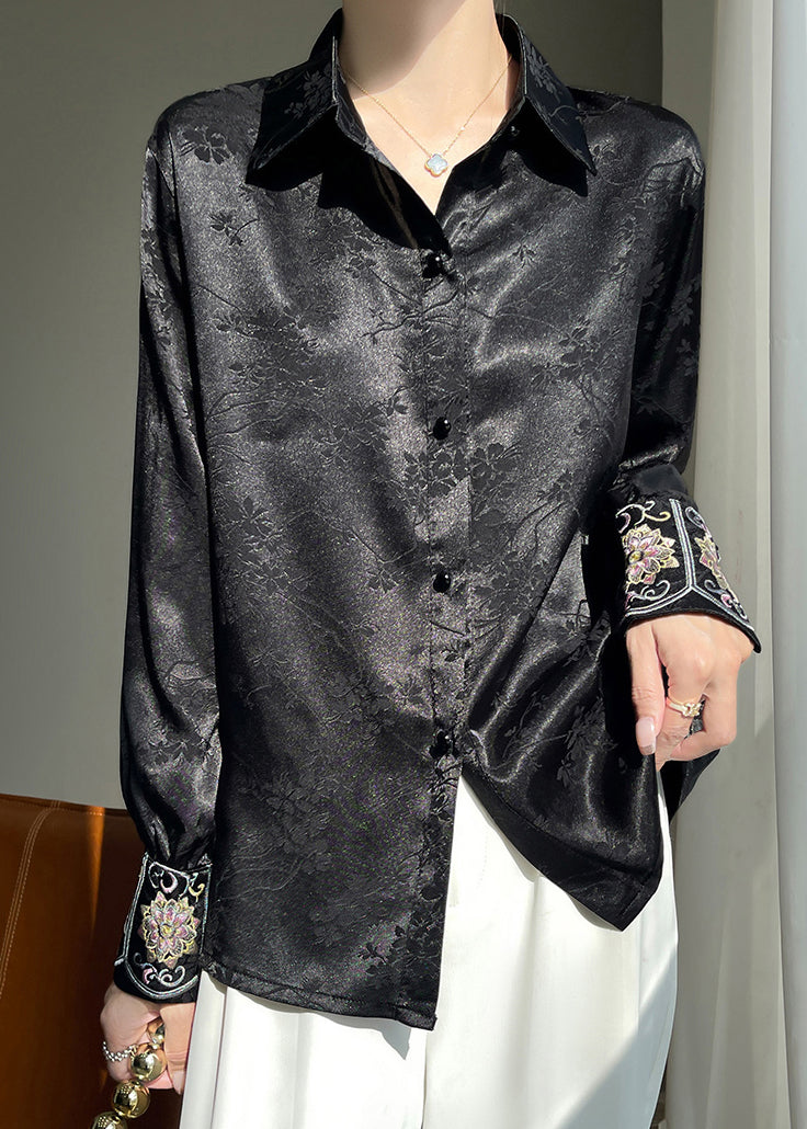 Pan Peter Shirt Button Silk Collar Black Print Fall
