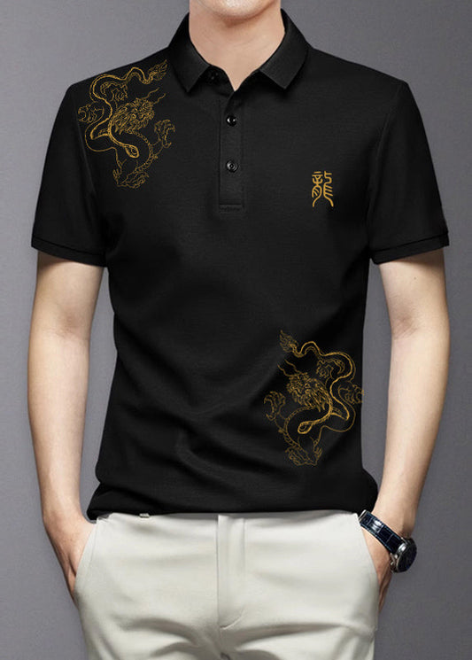Fit Print Black Cotton Summer Shirt Men Polo Slim Button