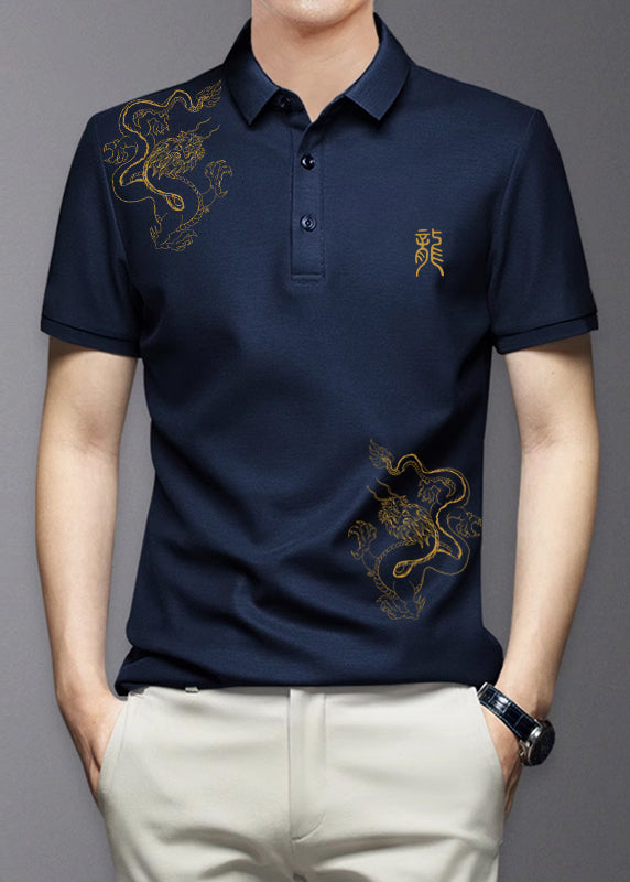 Fit Print Black Cotton Summer Shirt Men Polo Slim Button