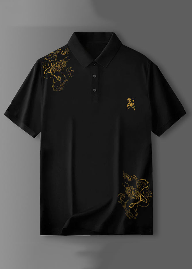 Fit Print Black Cotton Summer Shirt Men Polo Slim Button