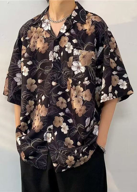 Black Pockets Print Shirts Collar Cotton Mens Half Peter Pan