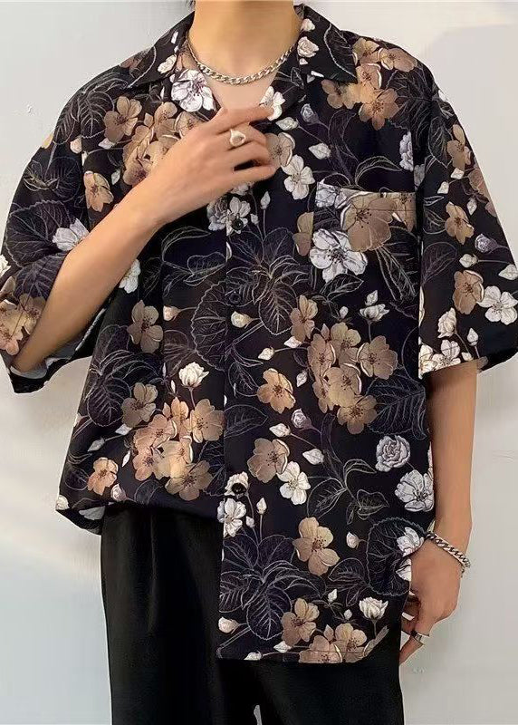 Black Pockets Print Shirts Collar Cotton Mens Half Peter Pan