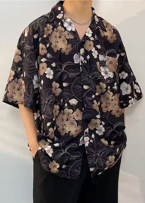 Black Pockets Print Shirts Collar Cotton Mens Half Peter Pan