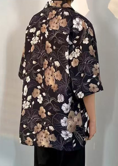 Black Pockets Print Shirts Collar Cotton Mens Half Peter Pan