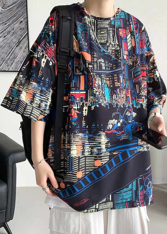 Mens Open Side T Black Shirts Cotton Summer Neck O Print