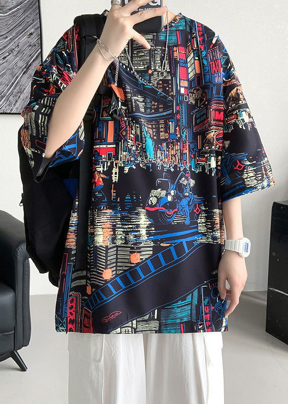 Mens Open Side T Black Shirts Cotton Summer Neck O Print