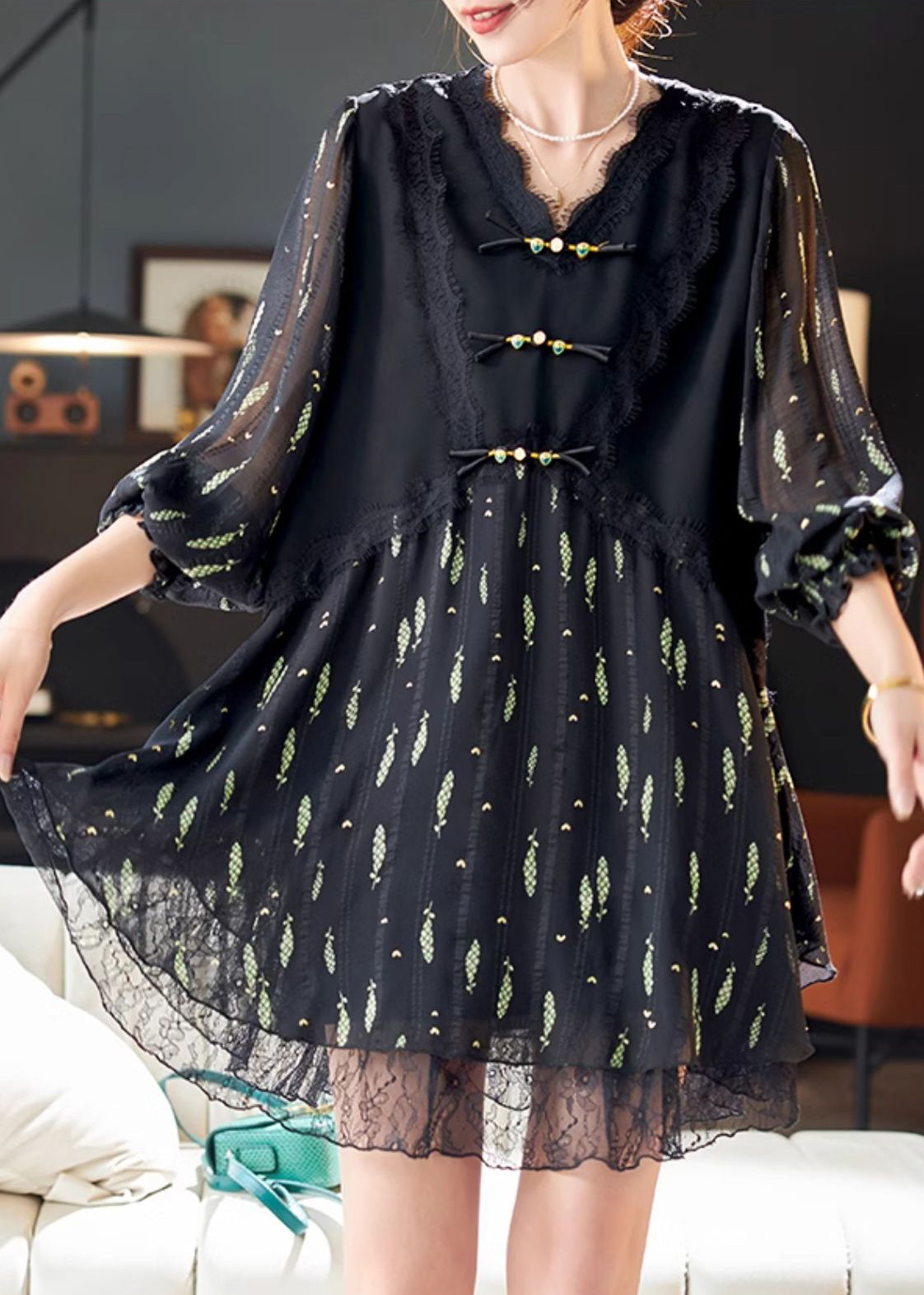 Black Print Silk Holiday Dress Chinese Button Summer YY016