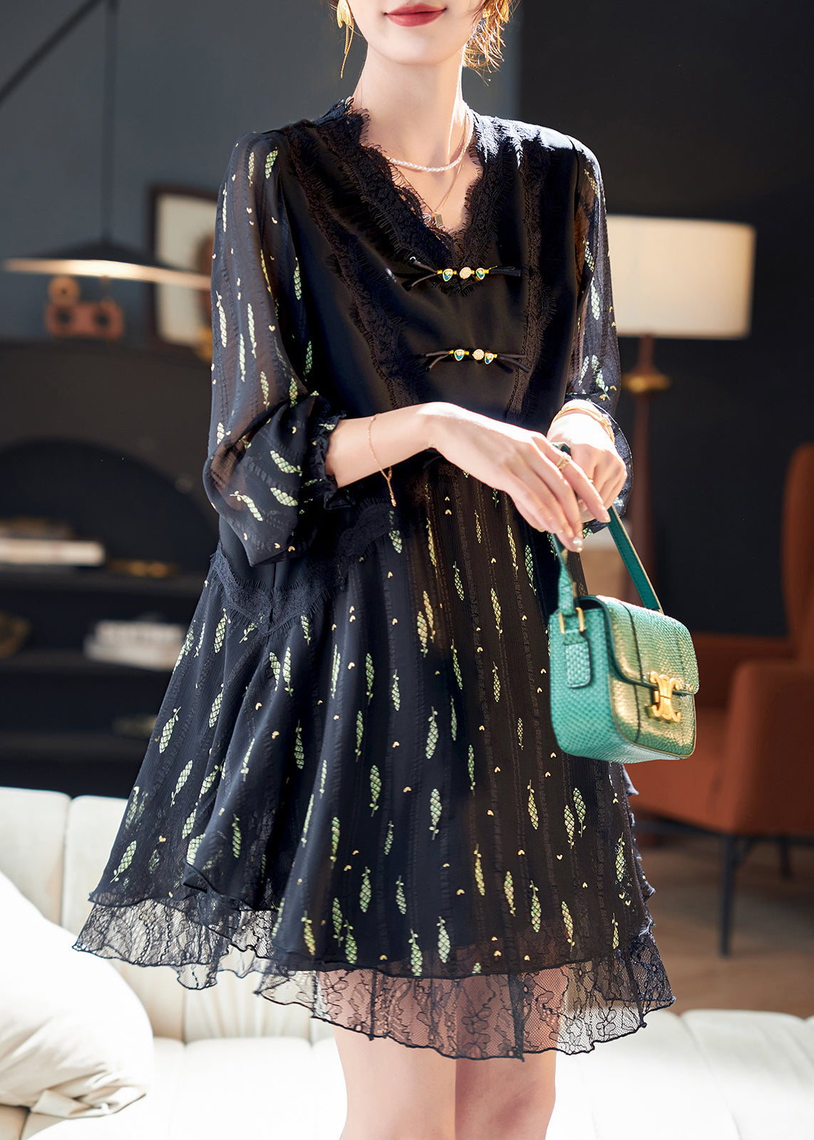 Black Print Silk Holiday Dress Chinese Button Summer YY016