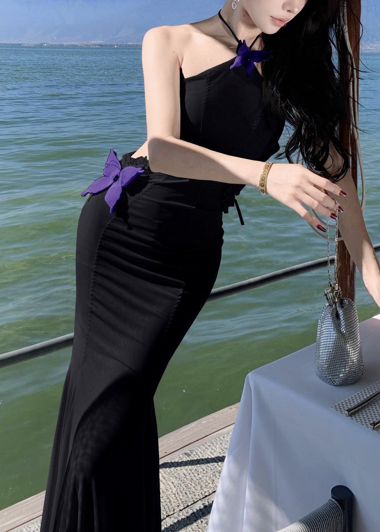 Butterfly Tulle Out Dresses Ruffled Black Hollow Long Sleeveless