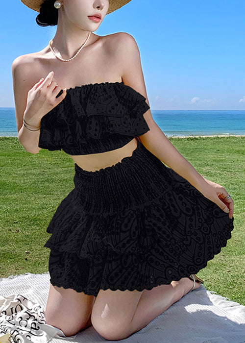 Black Ruffled Cotton Two Piece Suit Set Slash Neck Short Sleeve EE1047