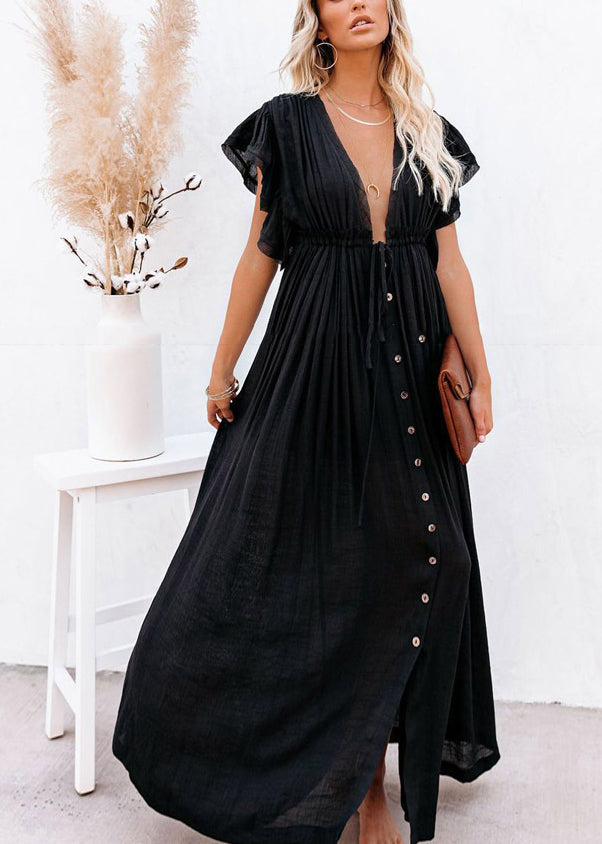 Summer Solid Long Dress Patchwork Ruffled Black