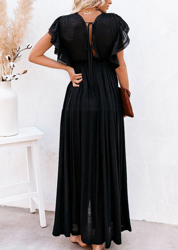 Dress Patchwork Black Summer Ruffled Solid Long