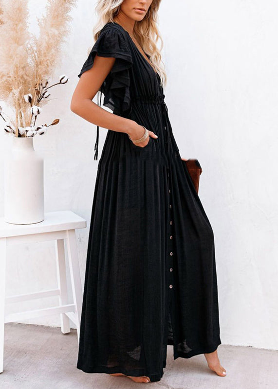 Dress Patchwork Black Summer Ruffled Solid Long