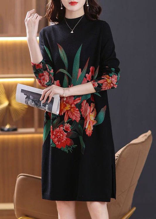 Black Side Open Cozy Wool Knit Dress Turtleneck Spring TB022