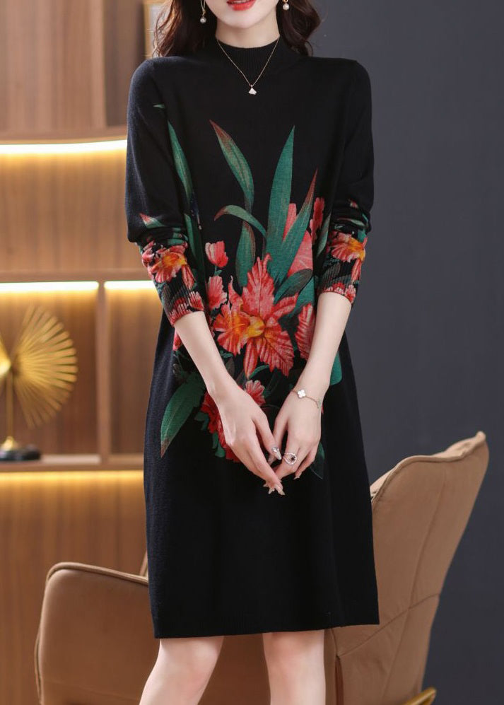 Black Side Open Cozy Wool Knit Dress Turtleneck Spring TB022