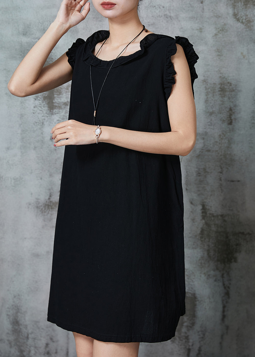 Black Silm Fit Cotton Short Dress Ruffled Summer AL1009