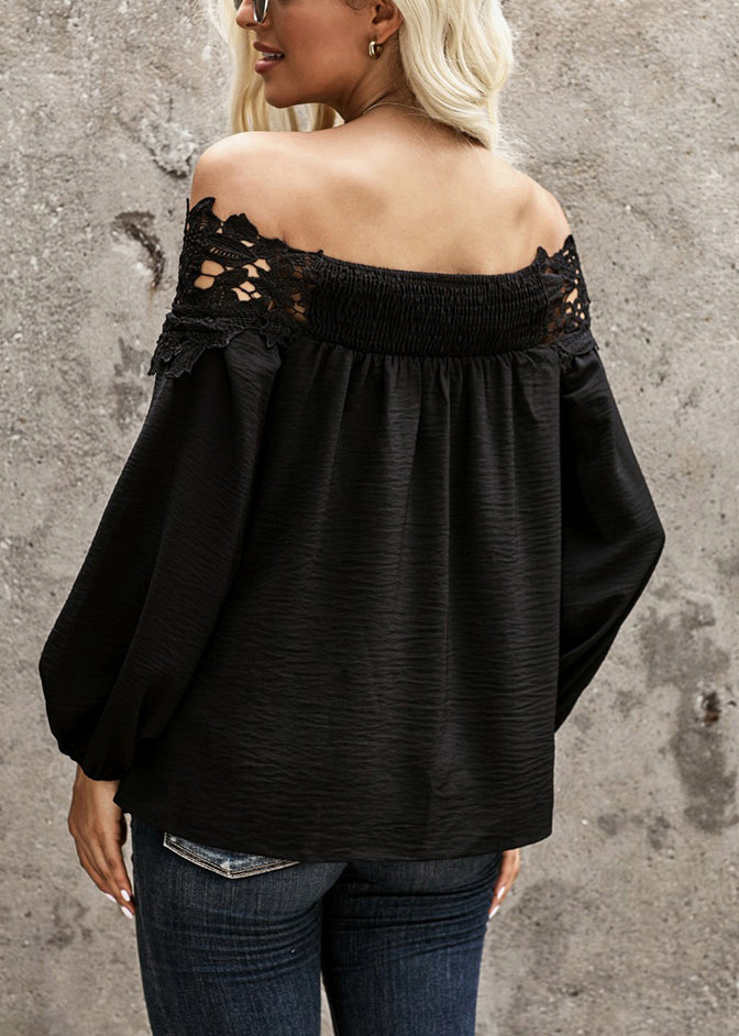Slash Black Neck Lantern Lace Patchwork Sleeve Shirt